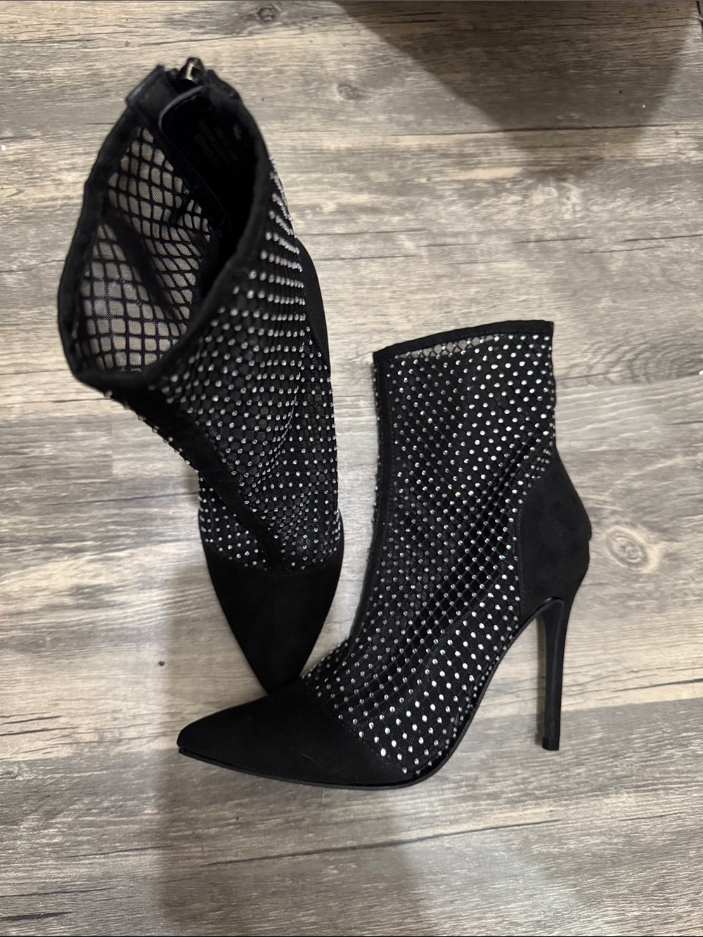 Rouge Helium Black Rhinestone Mesh Ankle Boots